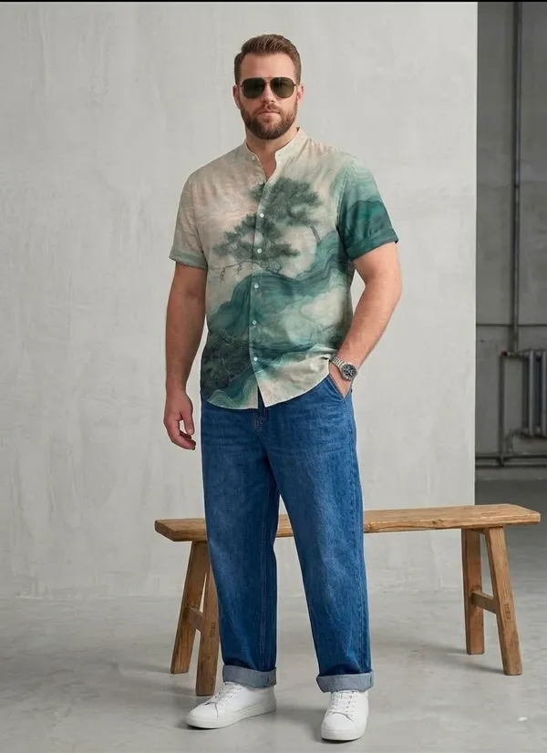 Teal_Abstract_Landscape_Print_Short_Sleeve_Shirt_for_Men