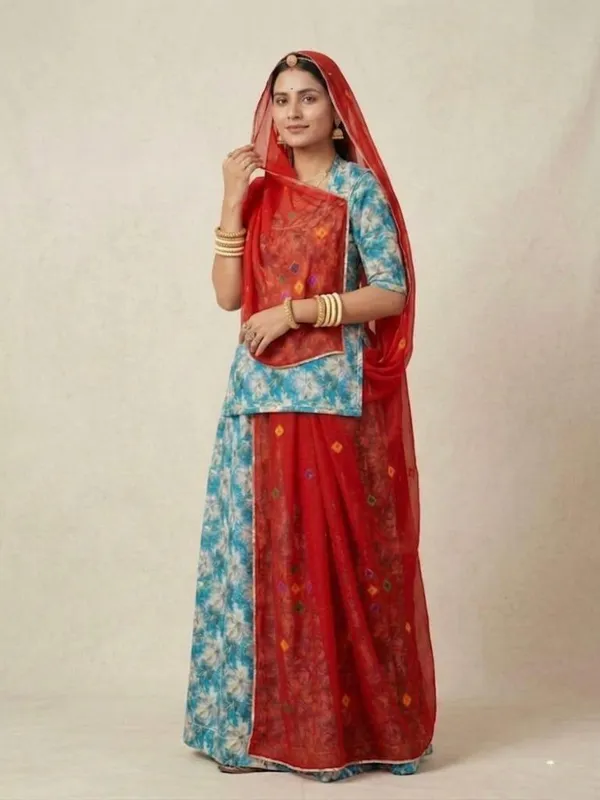 Blue_&_Red_Cotton_Rajputi_Poshak_4_Metre_Fabric_2.5_Meter_Odhani_For_Women