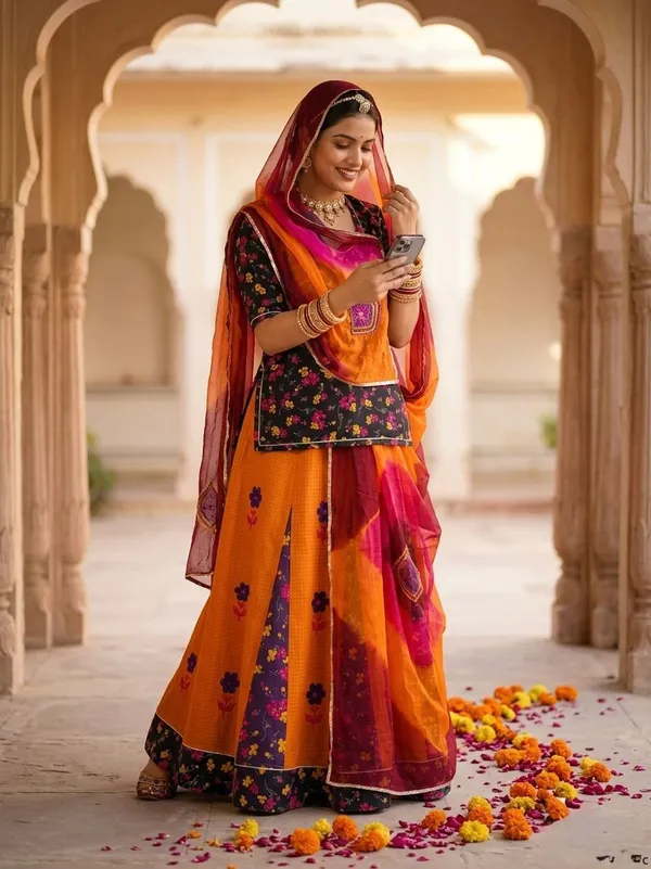 Orange_Cotton_24_Kali_Rajputi_Poshak_4_Metre_Fabric_2.5_Meter_Odhani_For_Women