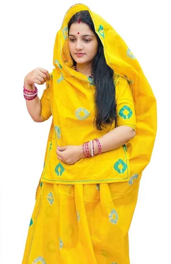 Yellow_Mix_Cotton_Rajputi_Poshak_4_Metre_Fabric_2.5_Meter_Odhani_For_Women