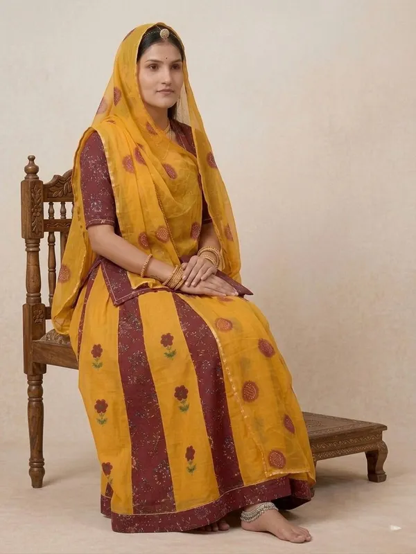 Yellow_&_Maroon_Cotton_16_Kali_Rajputi_Poshak_4_Metre_Fabric_2.5_Meter_Odhani_For_Women