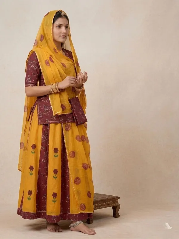 Yellow_&_Maroon_Cotton_16_Kali_Rajputi_Poshak_4_Metre_Fabric_2.5_Meter_Odhani_For_Women