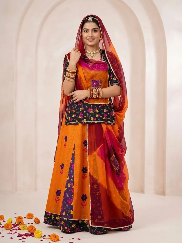 Orange_Cotton_24_Kali_Rajputi_Poshak_4_Metre_Fabric_2.5_Meter_Odhani_For_Women