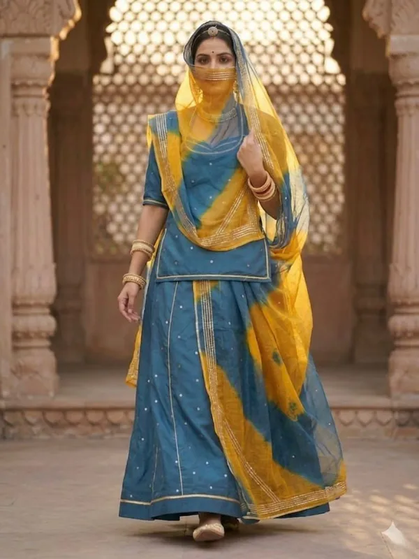 Blue_&_Yellow_Silk_Crepe_Rajputi_Poshak_4_Metre_Fabric_2.5_Meter_Odhani_For_Women