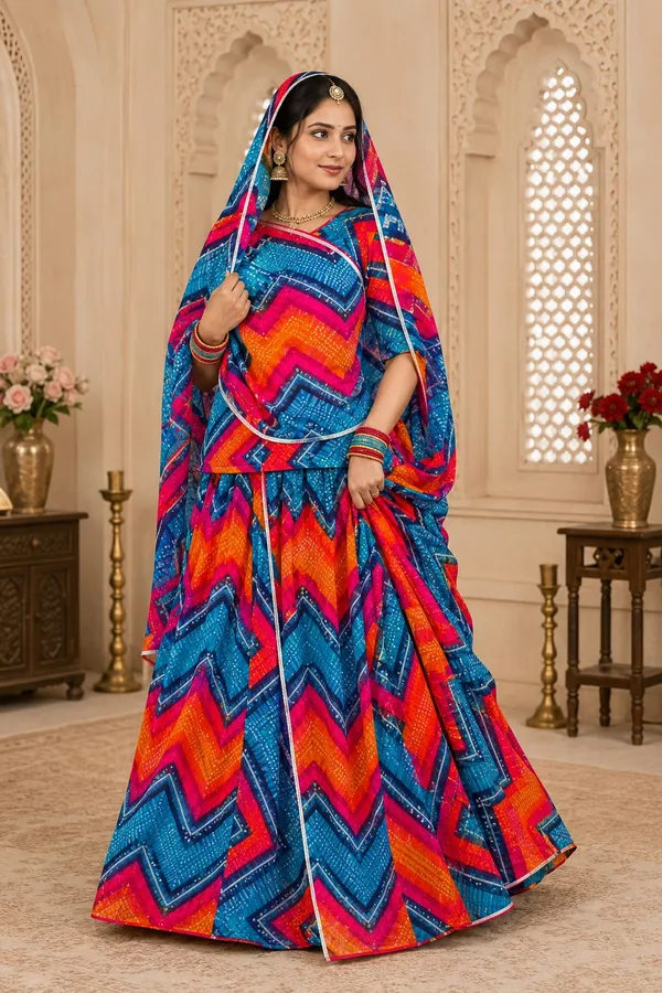 Blue_&_Orange_Cotton_Lahriya_Rajputi_Poshak_4_Metre_Fabric_2.5_Meter_Odhani_For_Women