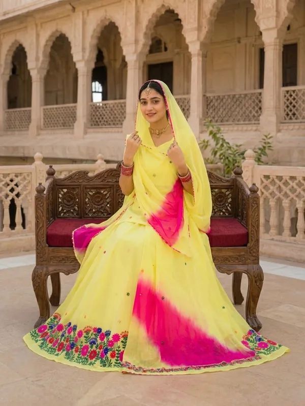 Yellow_Georgette_Rajputi_Poshak_4_Metre_Fabric_2.5_Meter_Odhani_For_Women