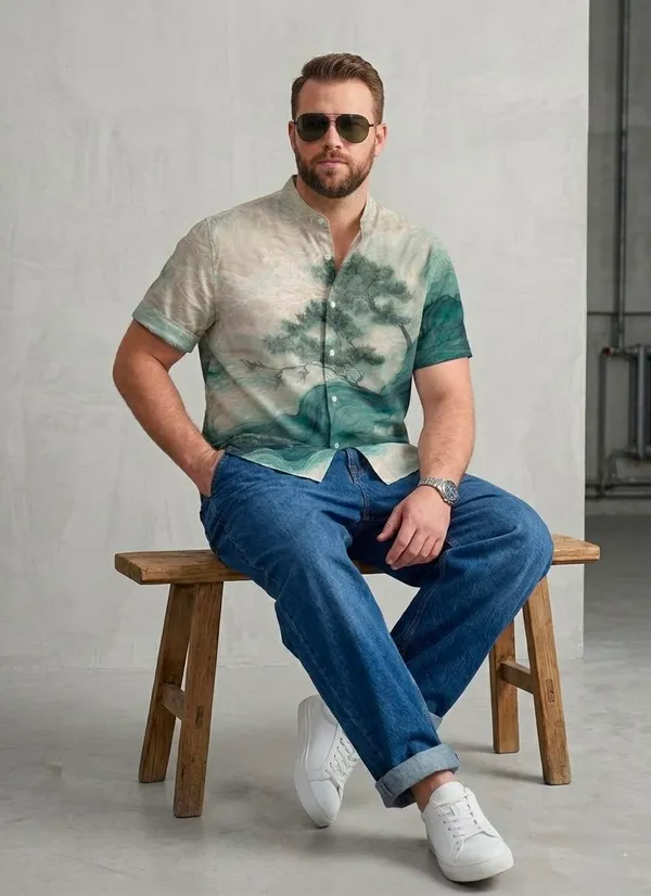 Teal_Abstract_Landscape_Print_Short_Sleeve_Shirt_for_Men