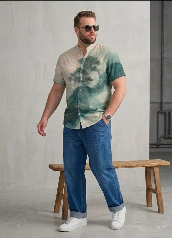 Teal_Abstract_Landscape_Print_Short_Sleeve_Shirt_for_Men