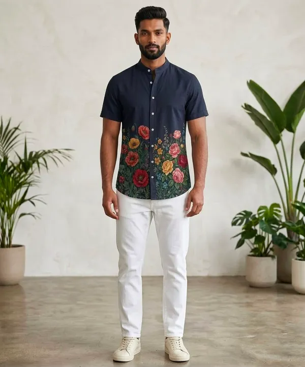 Navy_Blue_Floral_Print_Short_Sleeve_Shirt_for_Men