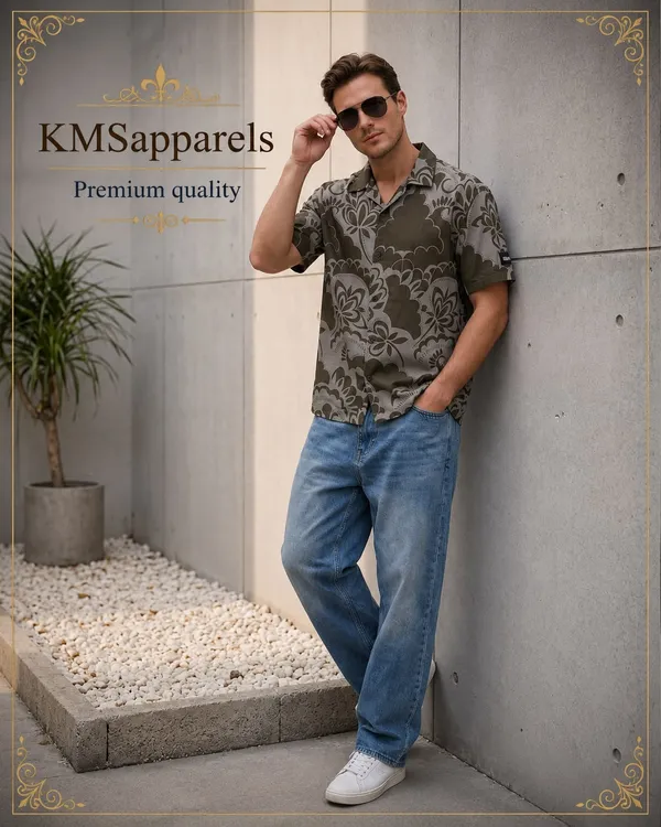 Olive_Green_Floral_Print_Cotton_Short_Sleeve_Shirt_for_Men