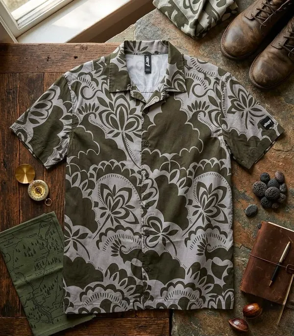 Olive_Green_Floral_Print_Cotton_Short_Sleeve_Shirt_for_Men