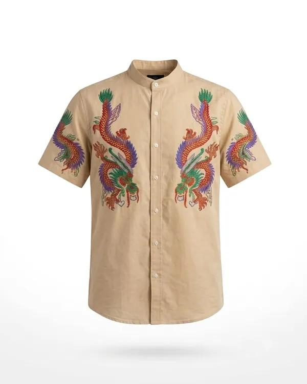 Cream_Phoenix_Embroidered_Short_Sleeve_Shirt_for_Men