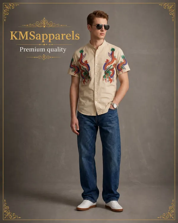 Cream_Phoenix_Embroidered_Short_Sleeve_Shirt_for_Men