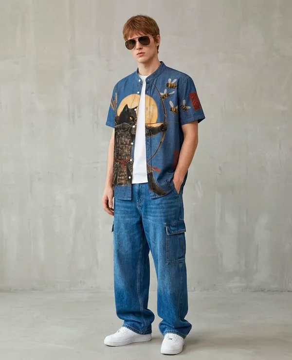Blue_Graphic_Print_Cat_Moon_Short_Sleeve_Shirt_for_Men