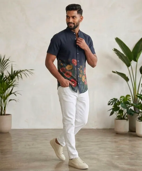 Navy_Blue_Cotton_Floral_Print_Short_Sleeve_Shirt_for_Men