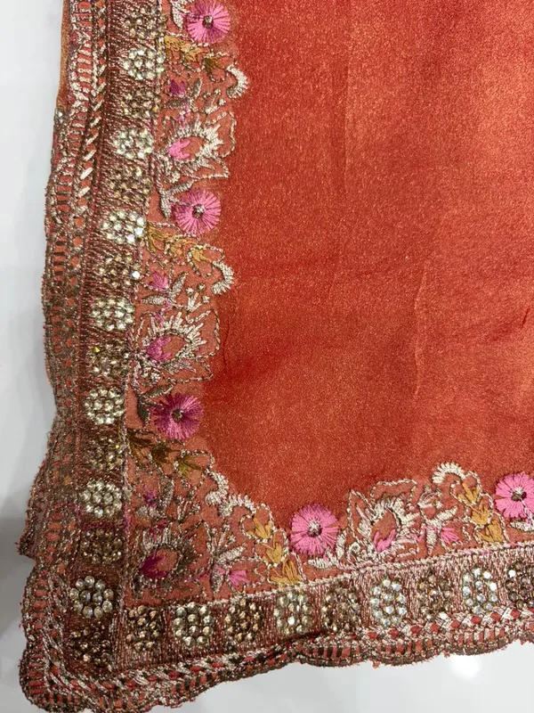 Orange_Velvet_Embellished_Saree_With_Floral_And_Sequin_Work