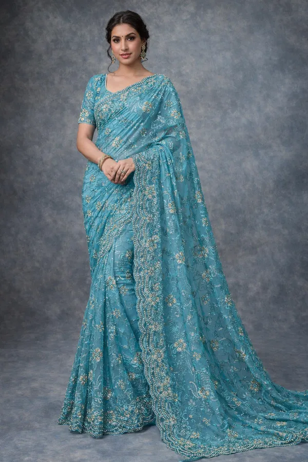 Teal_Blue_Embellished_Saree_With_Sequin_And_Bead_Work_-_Ethnic_Craft_Material