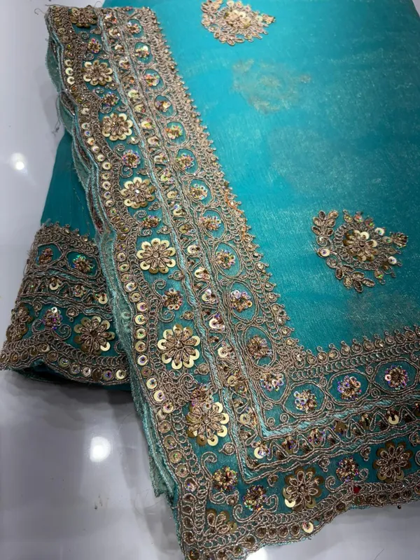 Turquoise_Blue_Embellished_Ethnic_Saree_With_Golden_Sequin_And_Zari_Work