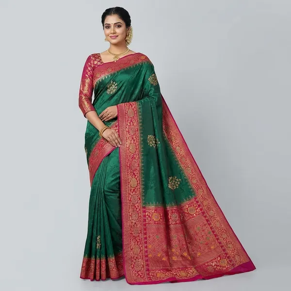 Green_And_Pink_Banarasi_Silk_Saree_With_Zari_Work