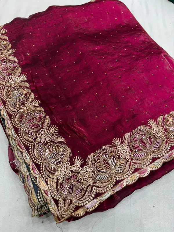 Maroon_Velvet_Saree_With_Golden_Embroidered_Border_And_Sequin_Work