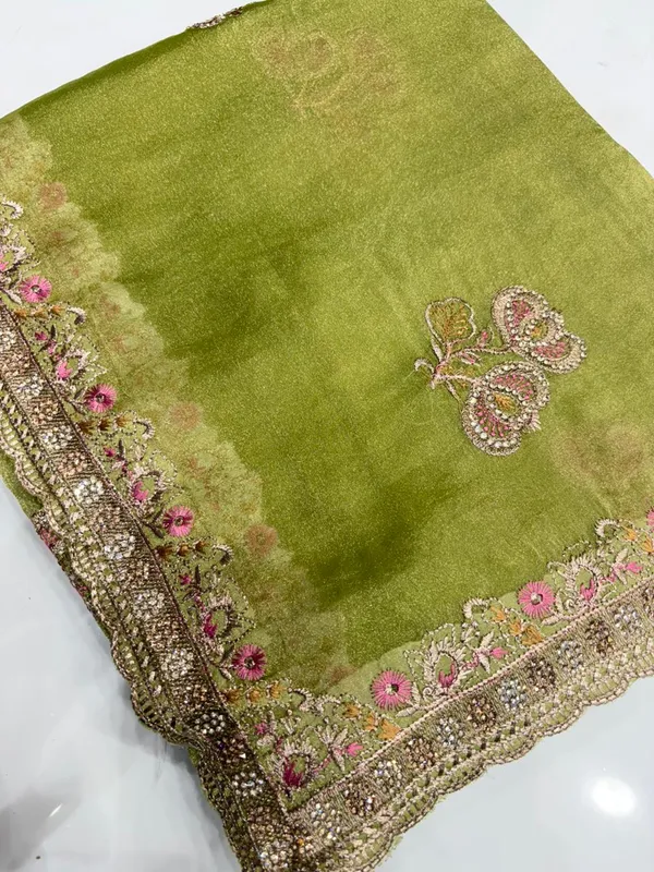 Olive_Green_Velvet_Embellished_Saree_With_Floral_Embroidery_And_Pearl_Work