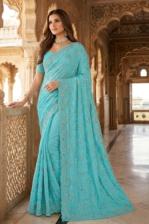 Designer_Embroidered_Turquoise_Blue_Saree_With_Blouse