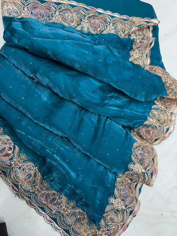 Teal_Blue_Embroidered_Saree_With_Zari_Border
