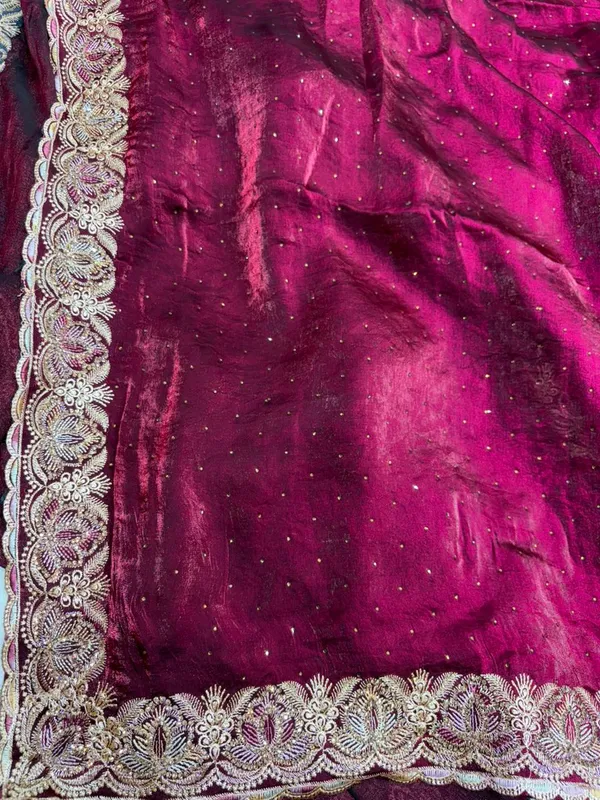 Maroon_Velvet_Saree_With_Golden_Embroidered_Border_And_Sequin_Work