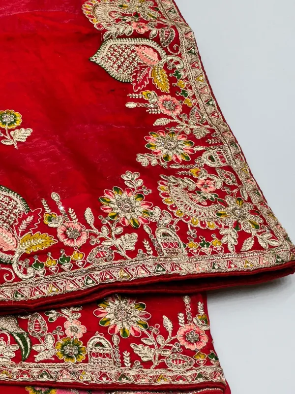 Red_Embroidered_Velvet_Saree_With_Floral_Zari_Work