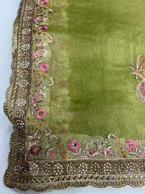 Olive_Green_Velvet_Embellished_Saree_With_Floral_Embroidery_And_Pearl_Work