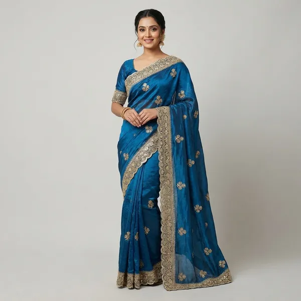 Blue_Silk_Embroidered_Saree_With_Golden_Zari_Border