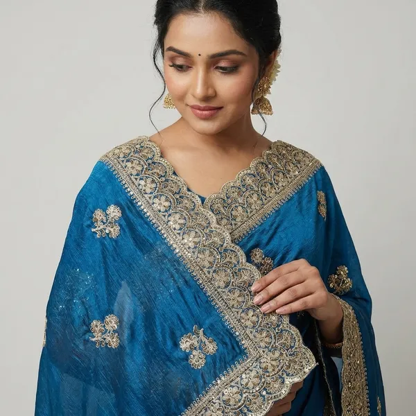 Blue_Silk_Embroidered_Saree_With_Golden_Zari_Border