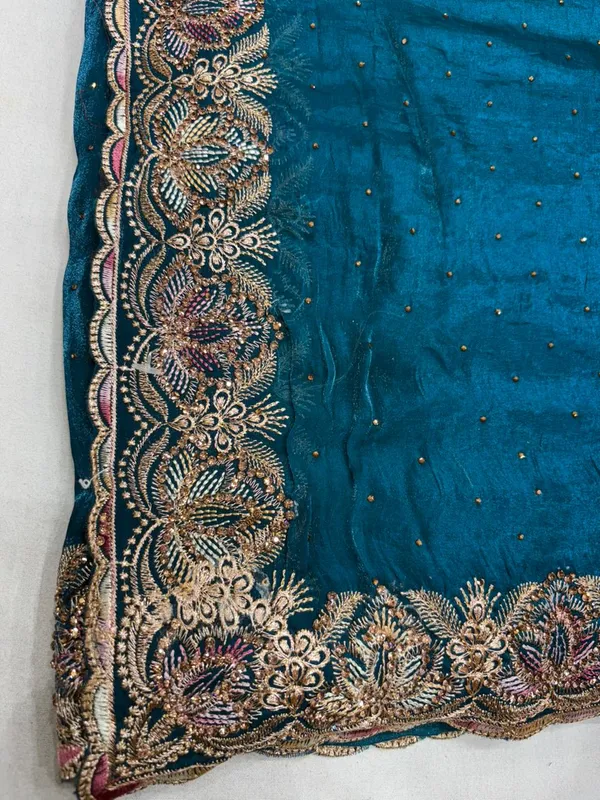 Teal_Blue_Embroidered_Saree_With_Zari_Border