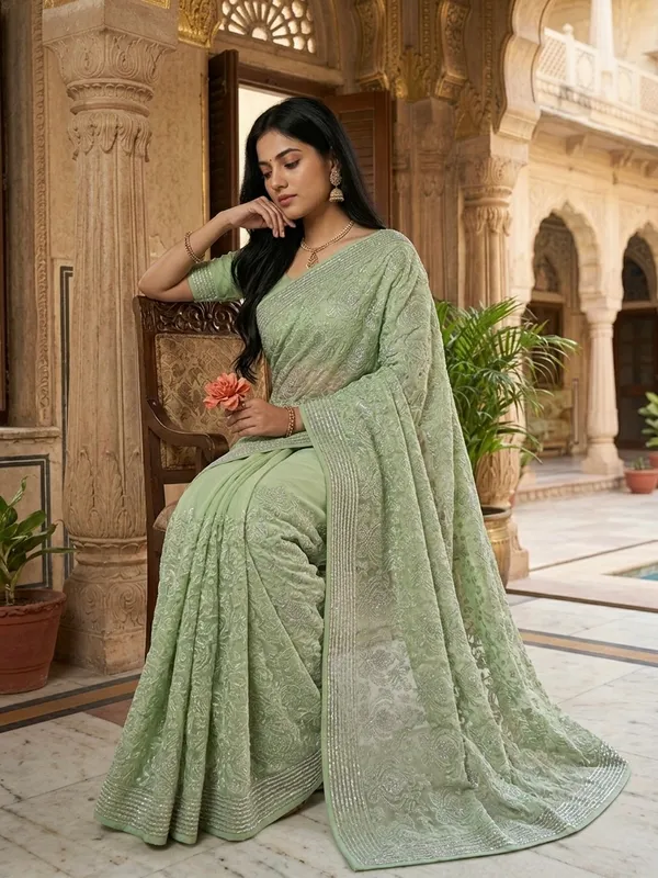 Sage_Green_Embroidered_Net_Saree_With_Embellished_Border