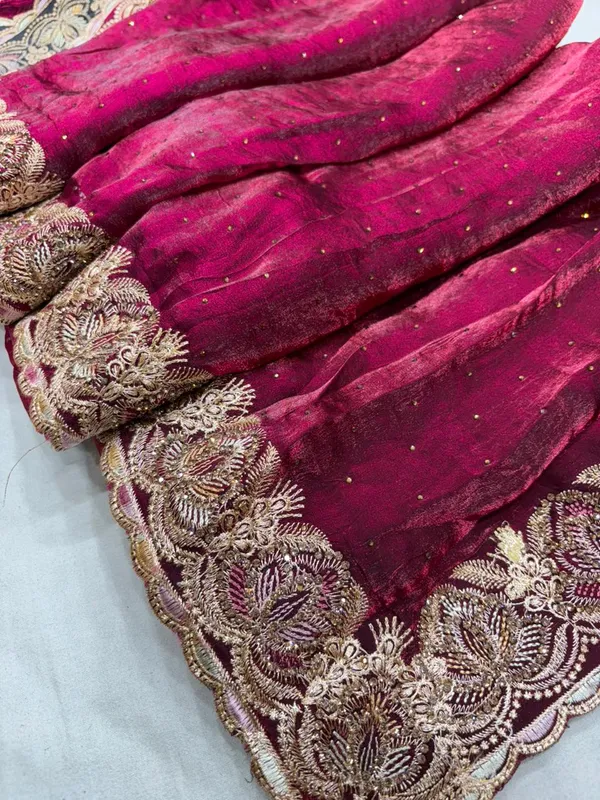 Maroon_Velvet_Saree_With_Golden_Embroidered_Border_And_Sequin_Work