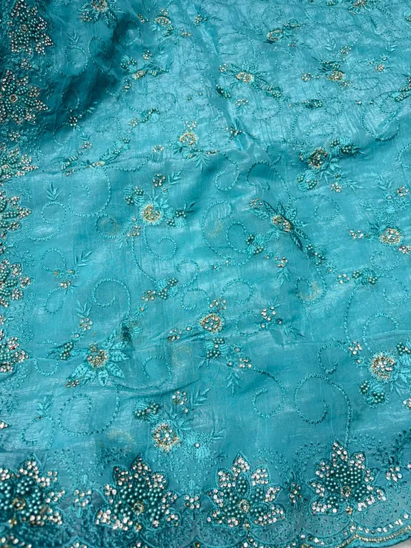 Turquoise_Sky_Blue_Embroidered_Saree_And_Sequin_Work_Fabric