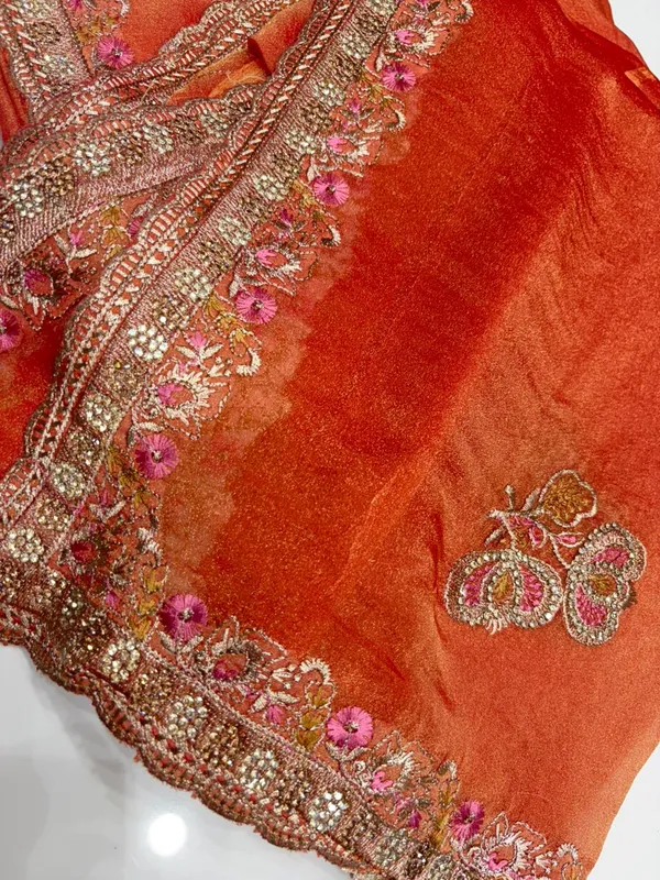 Orange_Velvet_Embellished_Saree_With_Floral_And_Sequin_Work