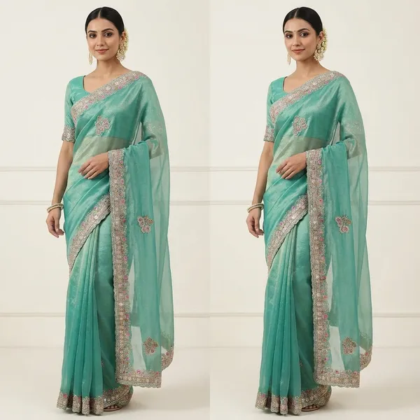 Turquoise_Embellished_Saree_With_Floral_Border_And_Silver_Sequin_Work