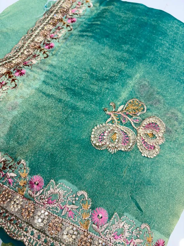 Turquoise_Embellished_Saree_With_Floral_Border_And_Silver_Sequin_Work