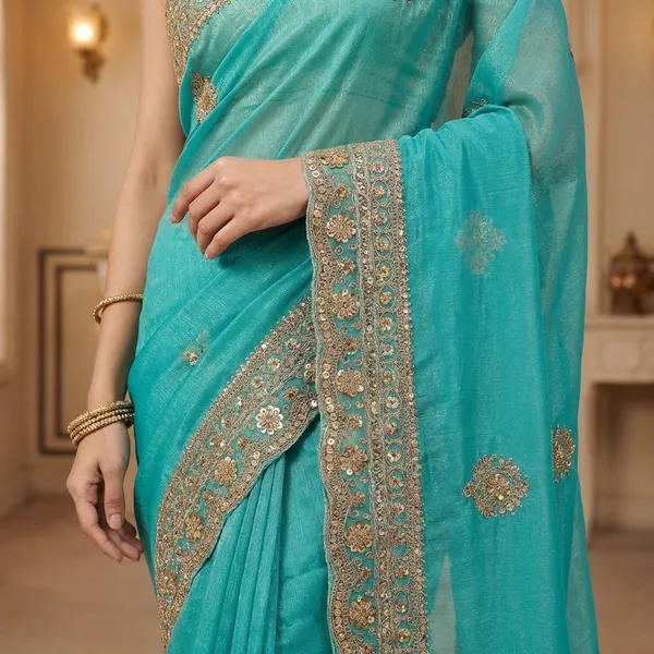 Turquoise_Blue_Embellished_Ethnic_Saree_With_Golden_Sequin_And_Zari_Work