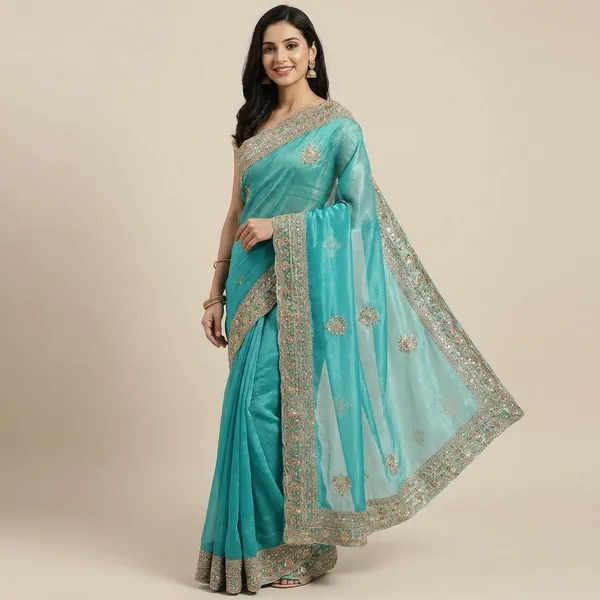 Turquoise_Blue_Embellished_Ethnic_Saree_With_Golden_Sequin_And_Zari_Work