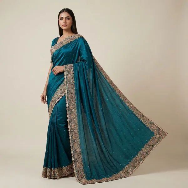 Teal_Blue_Embroidered_Saree_With_Zari_Border