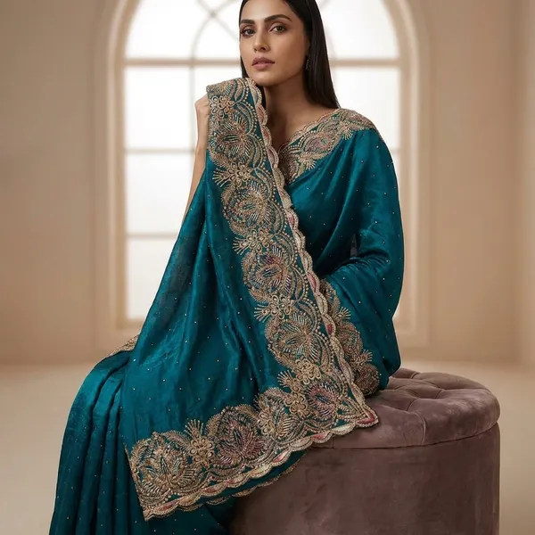 Teal_Blue_Embroidered_Saree_With_Zari_Border