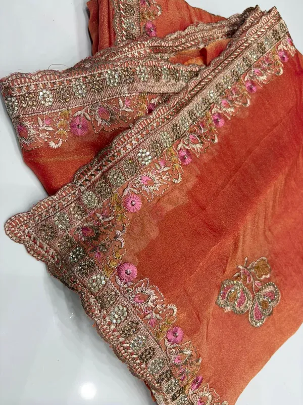 Orange_Velvet_Embellished_Saree_With_Floral_And_Sequin_Work