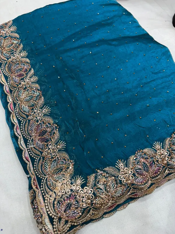 Teal_Blue_Embroidered_Saree_With_Zari_Border