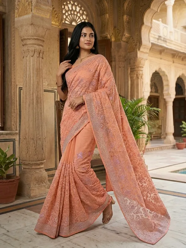 Peach_Elegant_Embroidered_Saree_With_Intricate_Sequin_Work