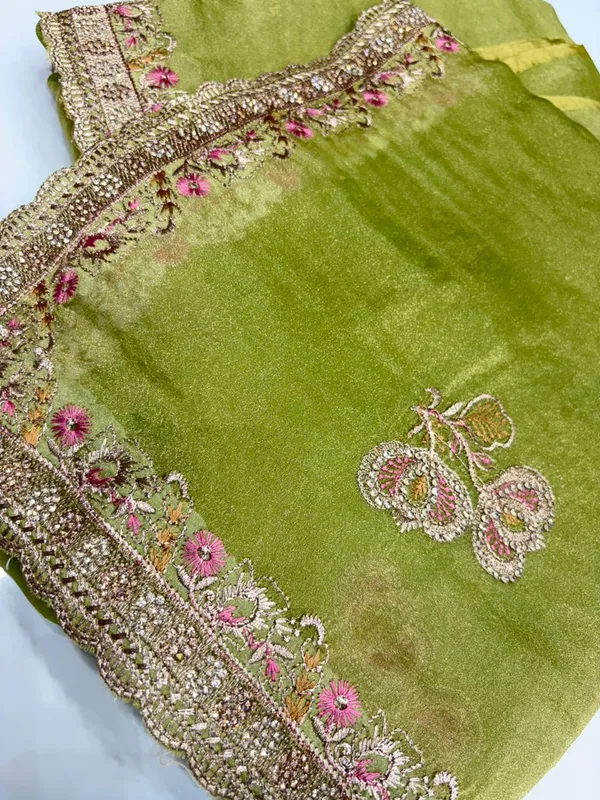 Olive_Green_Velvet_Embellished_Saree_With_Floral_Embroidery_And_Pearl_Work