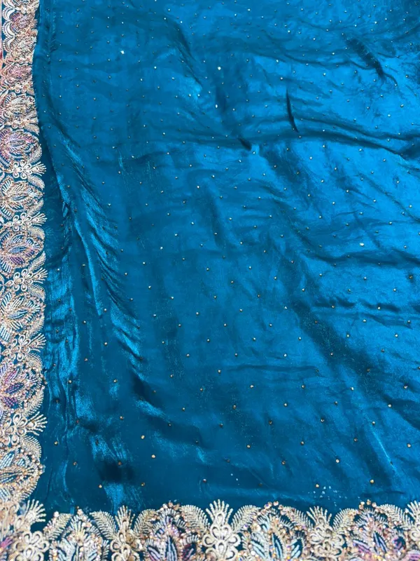 Teal_Blue_Embroidered_Saree_With_Zari_Border
