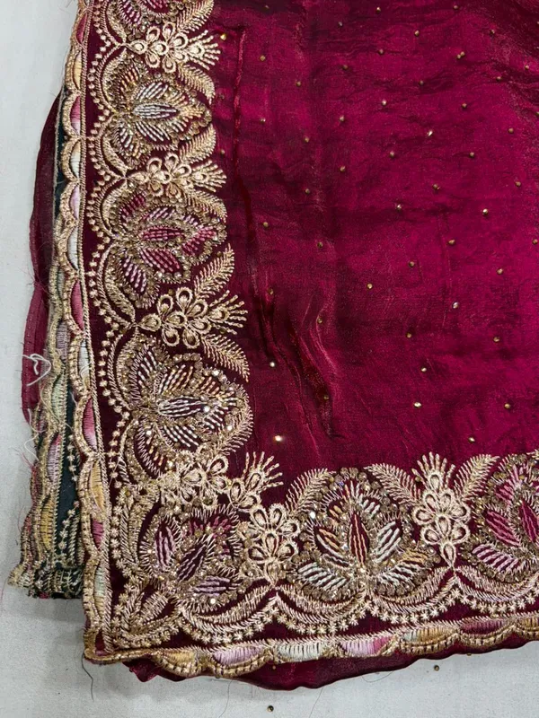 Maroon_Velvet_Saree_With_Golden_Embroidered_Border_And_Sequin_Work