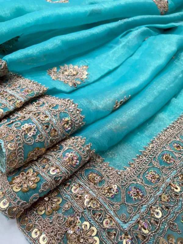 Turquoise_Blue_Embellished_Ethnic_Saree_With_Golden_Sequin_And_Zari_Work